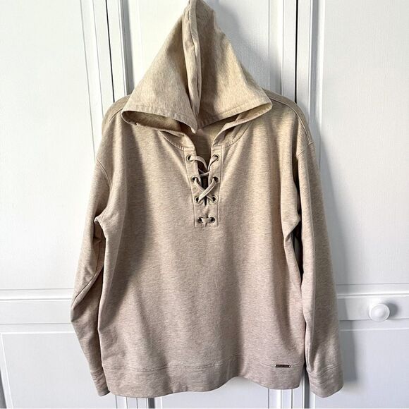 Michael Kors Long Sleeve Tie Lace Up Hooded Top Gold Oatmeal Color Size Large - Picture 2 of 7